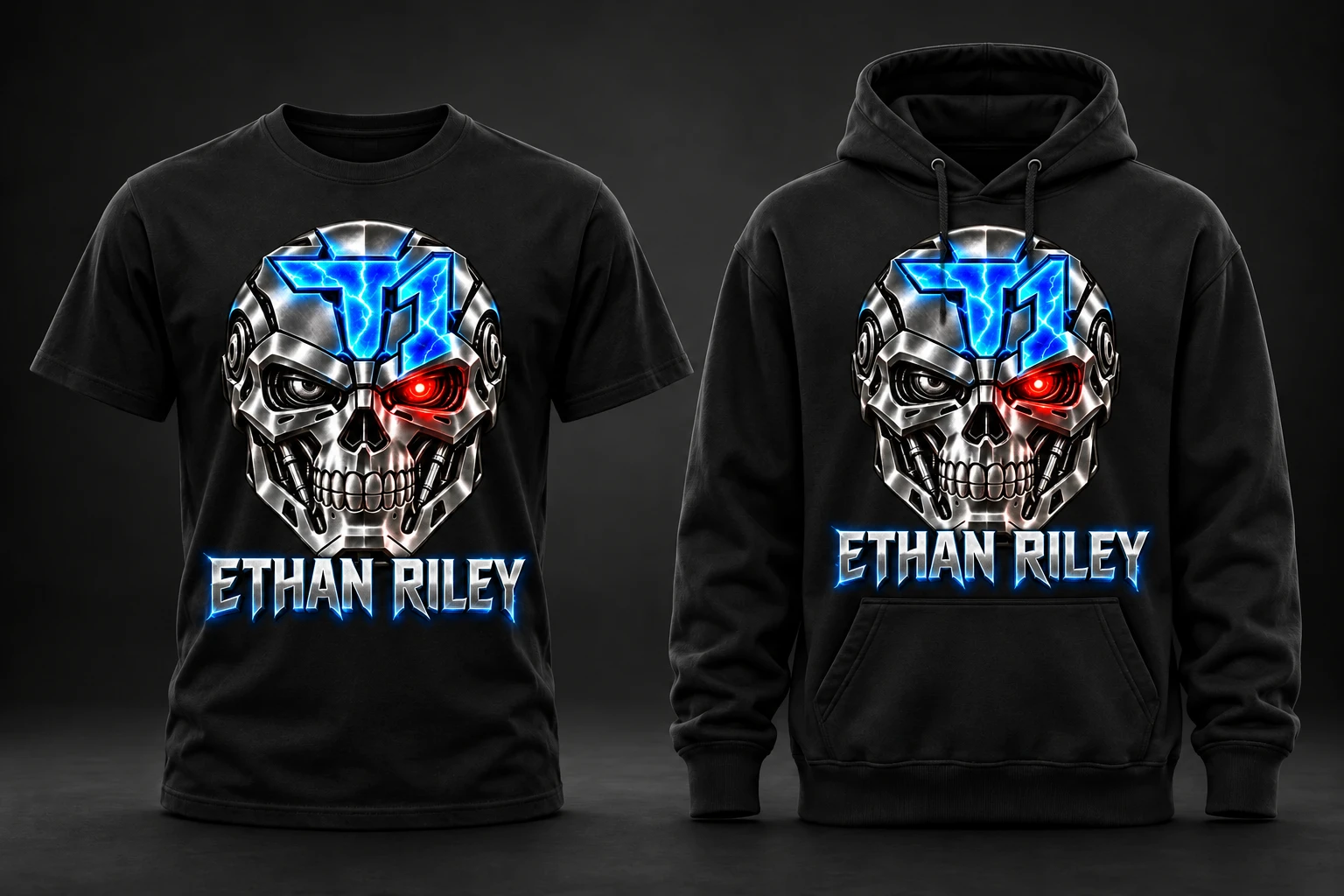 Black T1 shirt and hoodie concepts featuring the metallic skull, electric-blue lettering, red eye, and ETHAN RILEY name