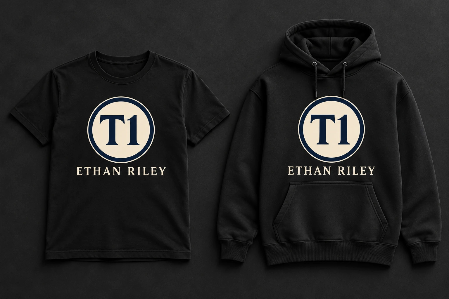 Black shirt and hoodie concepts with Ethan Riley’s current circular T1 logo and his name