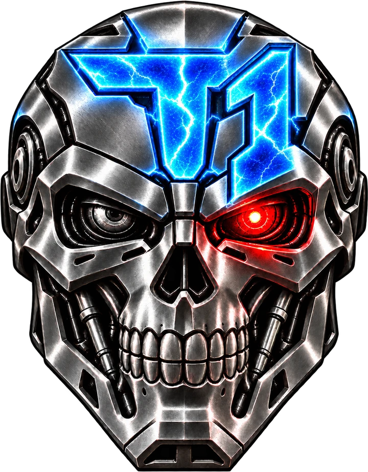 T1 lettering forged into a metallic skull with a glowing red eye